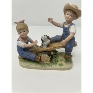 Denim Days VTG Figurine "Playtime" Boy Girl & Dog on Seesaw #8827 Home Interiors